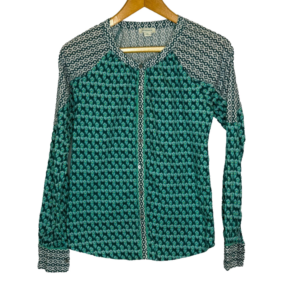 Women's XS Sundance Teal Blue Pattern Snap Button Cotton Shirt
